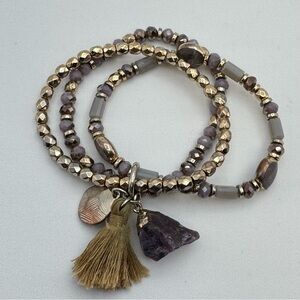 Boho Amethyst Charm Stretch Bracelet Gold Tone Beaded Tassel 6.5”